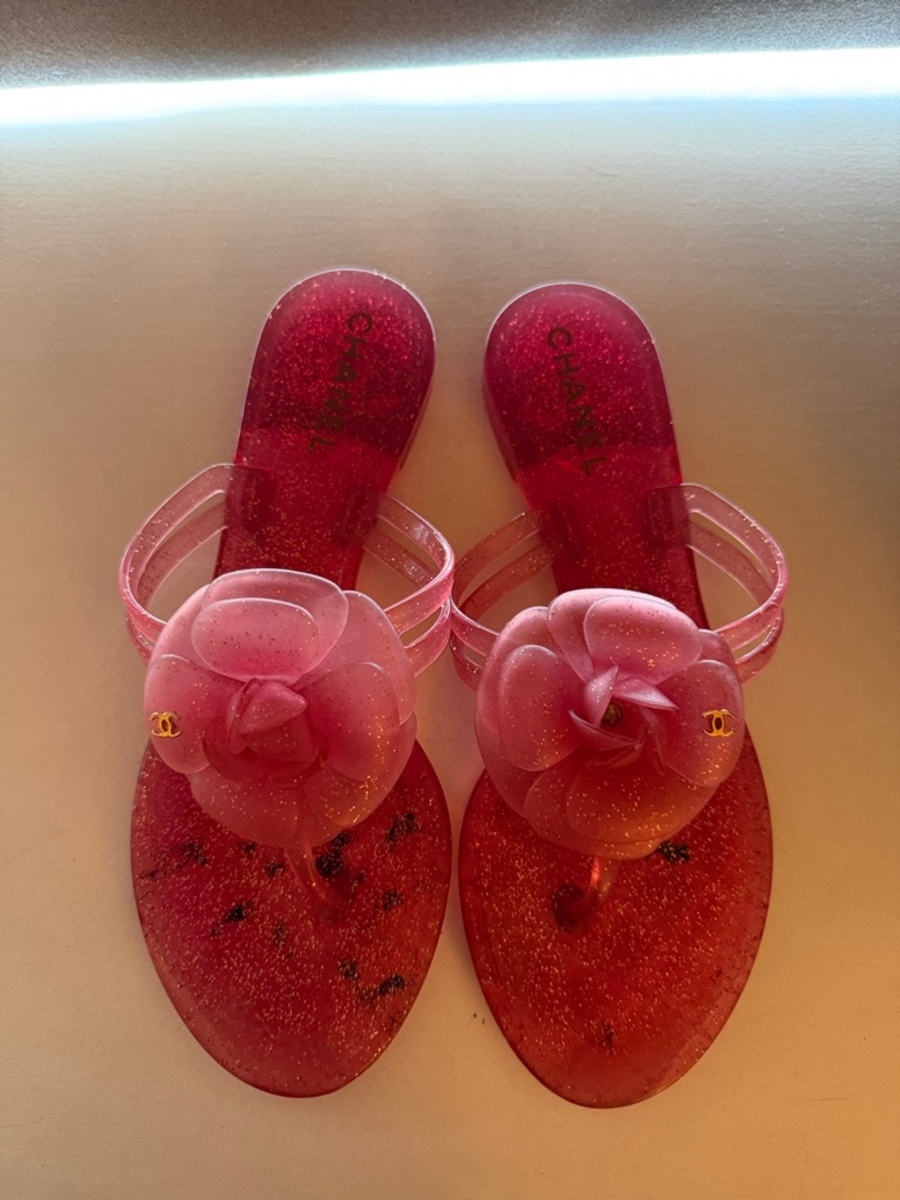 CHANEL Pink Jelly Camellia Slide Sandals with Gold CC Accents